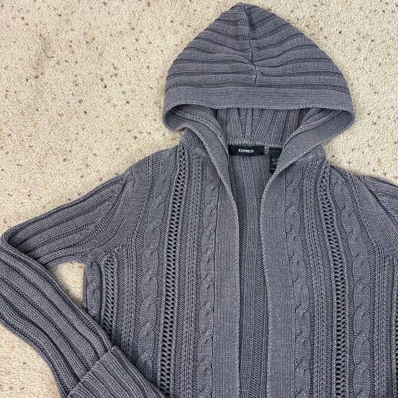 Y2K Express Hooded Gray Cable Knit Cardigan Sweater Boho Size Small Women's - Picture 2 of 5